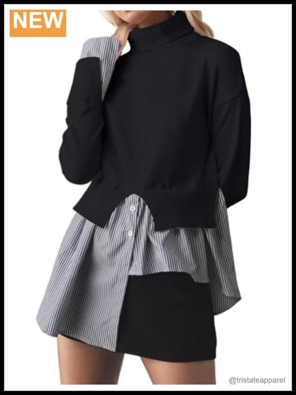 Women's 2-in-1 Turtleneck Sweater with Striped Shirt Loose Fit